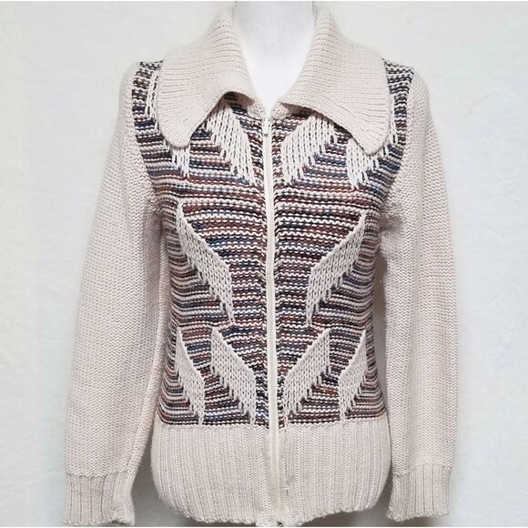 VINTAGE 70s Wool Blend Zip-Up Striped Cardigan S - Picture 8 of 8
